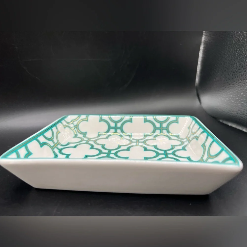 I. Godinger & Co. Trinket Jewelry Dish Tray Rectangle White W/ Teal & Gold